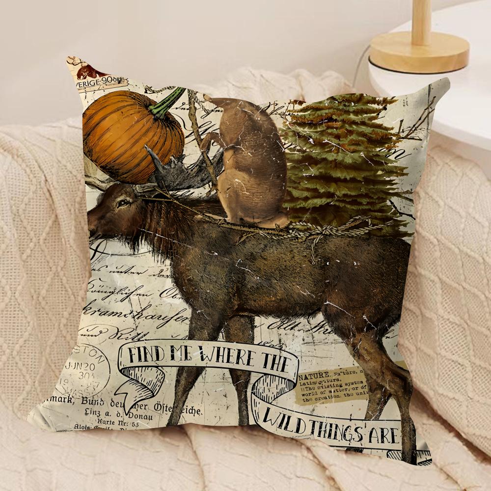 Retro Animal Christmas Cushion Cover Silky Short Plush Invisible Zipper Dustproof Sofa Pillow Case For Home Decor