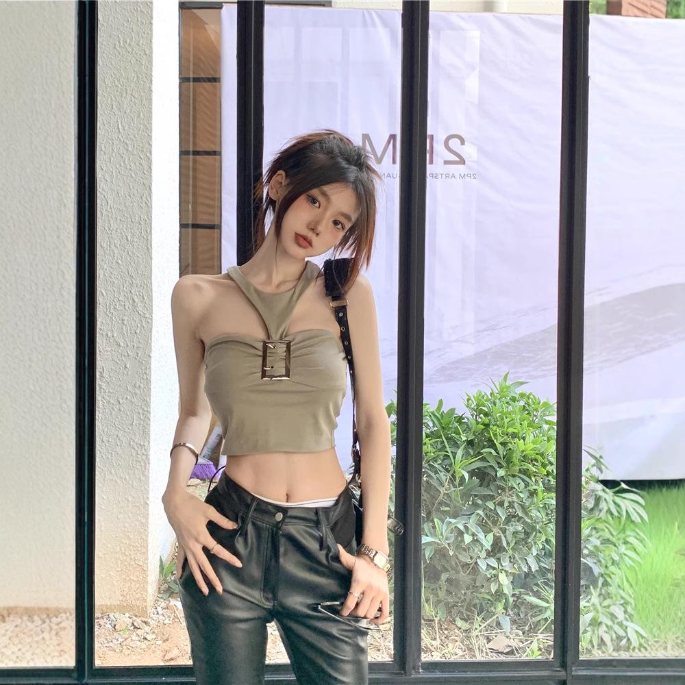 

Chic Metal Buckle Halter Tank Top - Women s Summer Fashion Street Style One size (up to 125 jin) чёрный