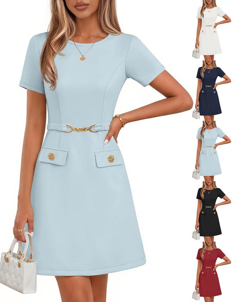 Women's Fashion Solid Color Waist Belt Decorative Summer Short Sleeve Workwear Dress Knee Length Elegant Casual Office Attire