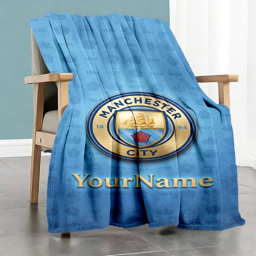 Manchester City Customize Text Blanket Cozy Customizable Blanket Ultra-Soft Great for Office Chair Living Room Home Decor Bedding
