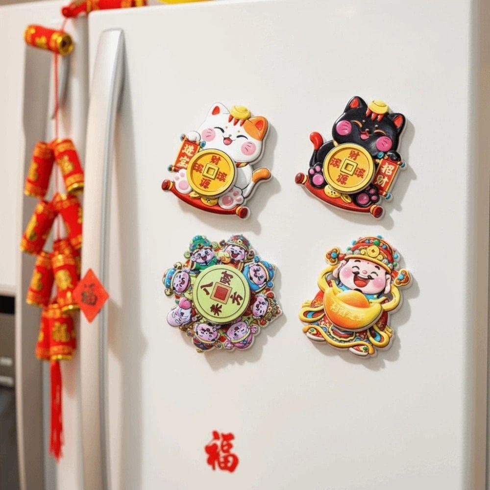 Rotatable New Year Magnetic Sticker God of Wealth Cartoon Lucky Cat Fridge Magnets Blessing Traditional 3D Refrigerator Magnets
