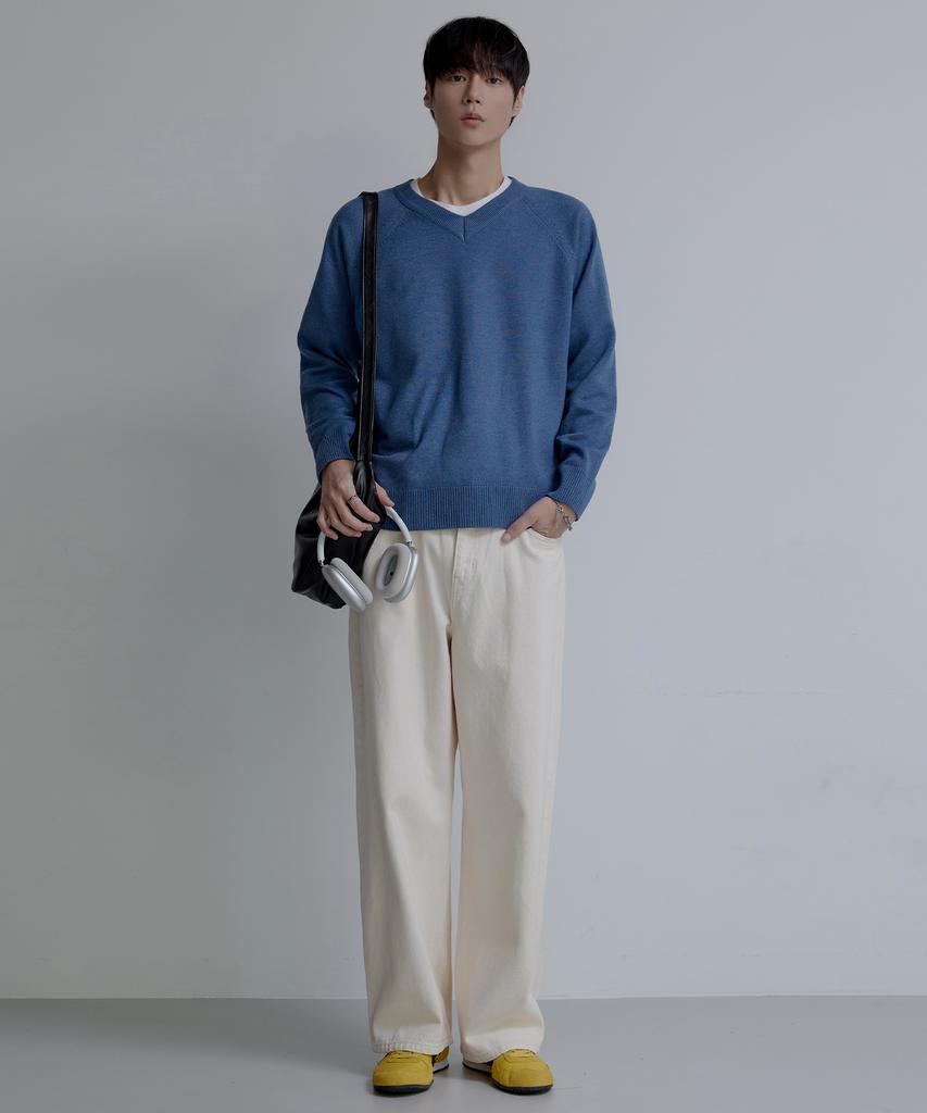 NODU V-Neck Herasi Raglan Crop Knit [Blue]