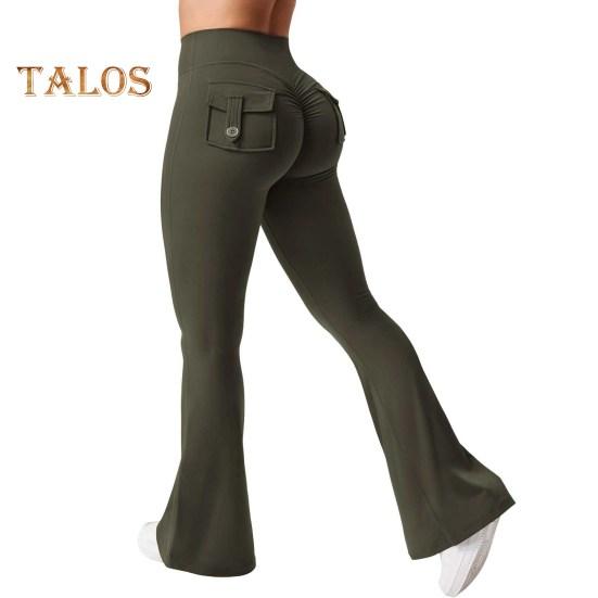 Women Yoga Pants Solid Color Slim Fit Flared Pants with Pockets Thin Elastic Cargo Style Sexy Ruched Long Pants