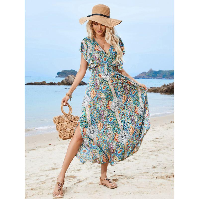 

Fashion V-neck Open Back Ruffle Sleeve Split Bohemia Holiday Dress Flower color S