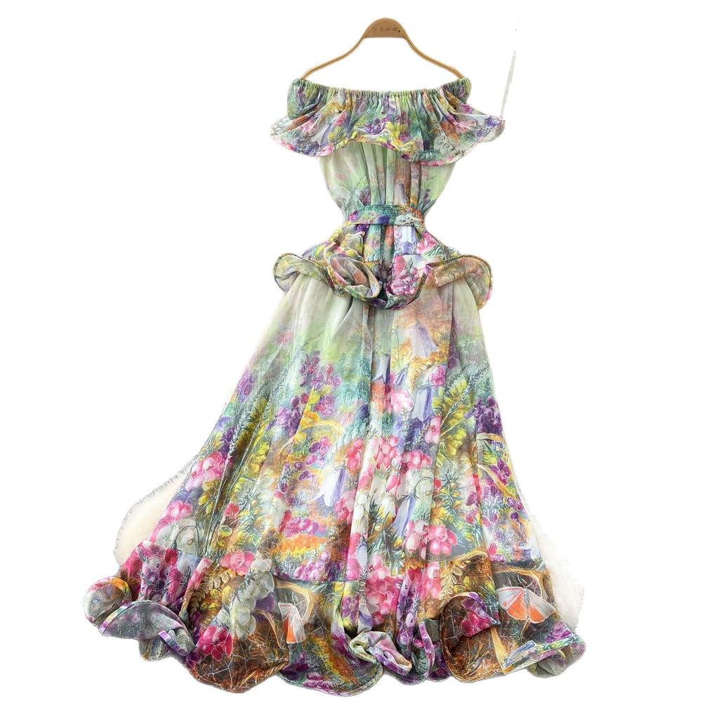 Sexy Chiffon Printed High-end Three-dimensional Ruffled Waist-cinching Slimming Dress for Women