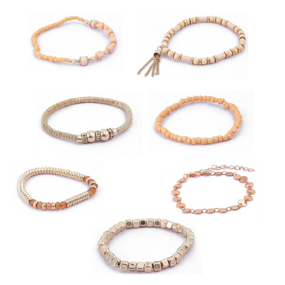 Bohemian Multi Layer Stackable Bracelet Fresh Sweet Style Handmade Beaded Pink Metal Chain Bracelet Jewelry For Women