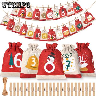 24 Stück Weihnachts-Countdown-Kordelzugbeutel Ankunft Feiertagsset Leinen-Kordelzugbeutel Kordelzug Süßigkeiten-Geschenk-Aufbewahrungsbeutel