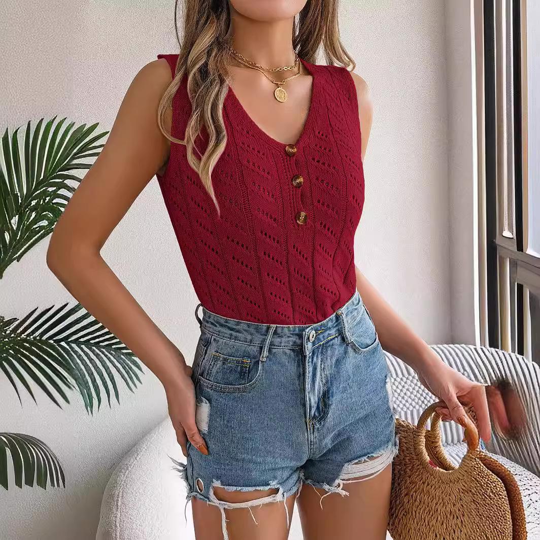 

QICED Summer Solid Color Button V-neck Cuffed Sleeveless Top Vacation Knitted Sweater Women s Wear XL бордовый