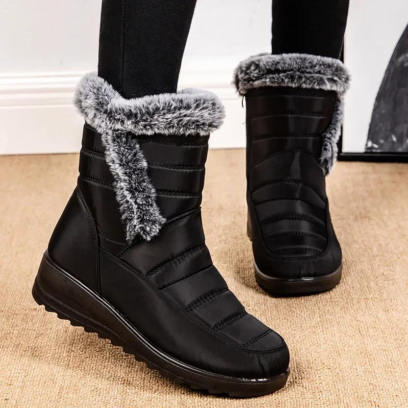 Thick Plush Waterproof Winter Boots for Women Non Slip Faux Fur Mid Calf Snow Boots Woman Outdoor Thick Sole Cotton Padded Shoes
