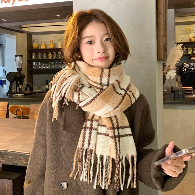 2025 Korean imitation cashmere scarf women's autumn and winter high-end warm shawl cute versatile plaid scarf