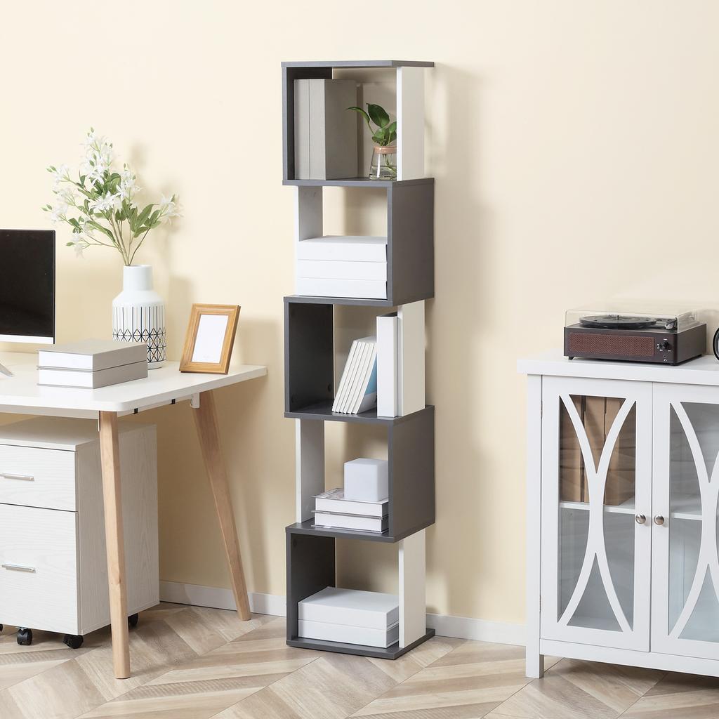 Modernes, platzsparendes Bücherregal mit 5 Regalböden aus Holz, 33x28x161cm, Grau und Weiß