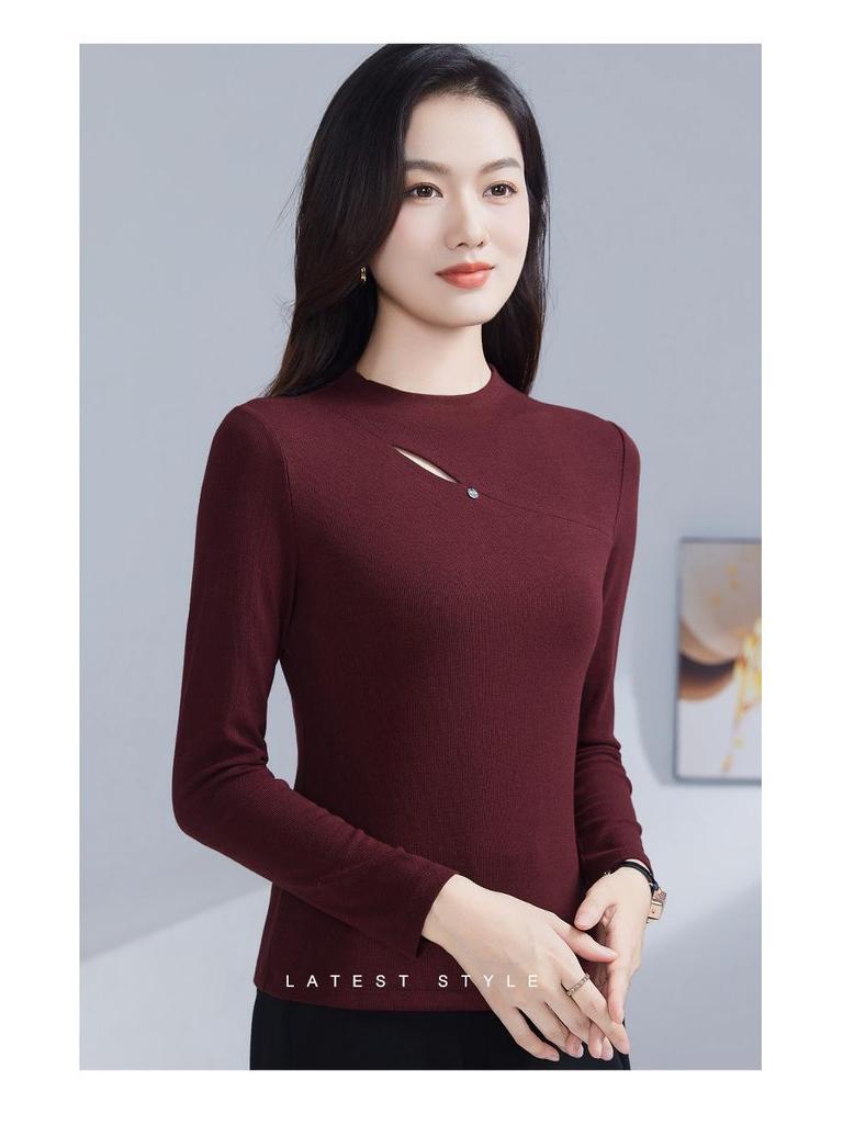 High-Quality Women's Stretch Slimming Long Sleeve Cotton Top – Versatile Fashionable Hollow-Out Design for Spring and Autumn