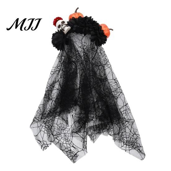 Photogenic Halloween Accessory Pumpkin Skull Floral Headband, Stable Hair Hoop with 3D Artificial Costume Headband Flowers And Spiderweb Black