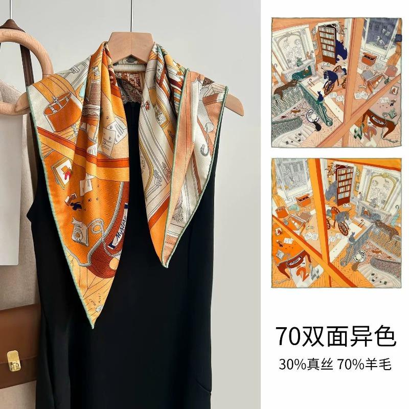 Colored leaves double-sided heterochrome silk wool silk scarf women's new thermal shawl light luxury versatile silk wool scarf