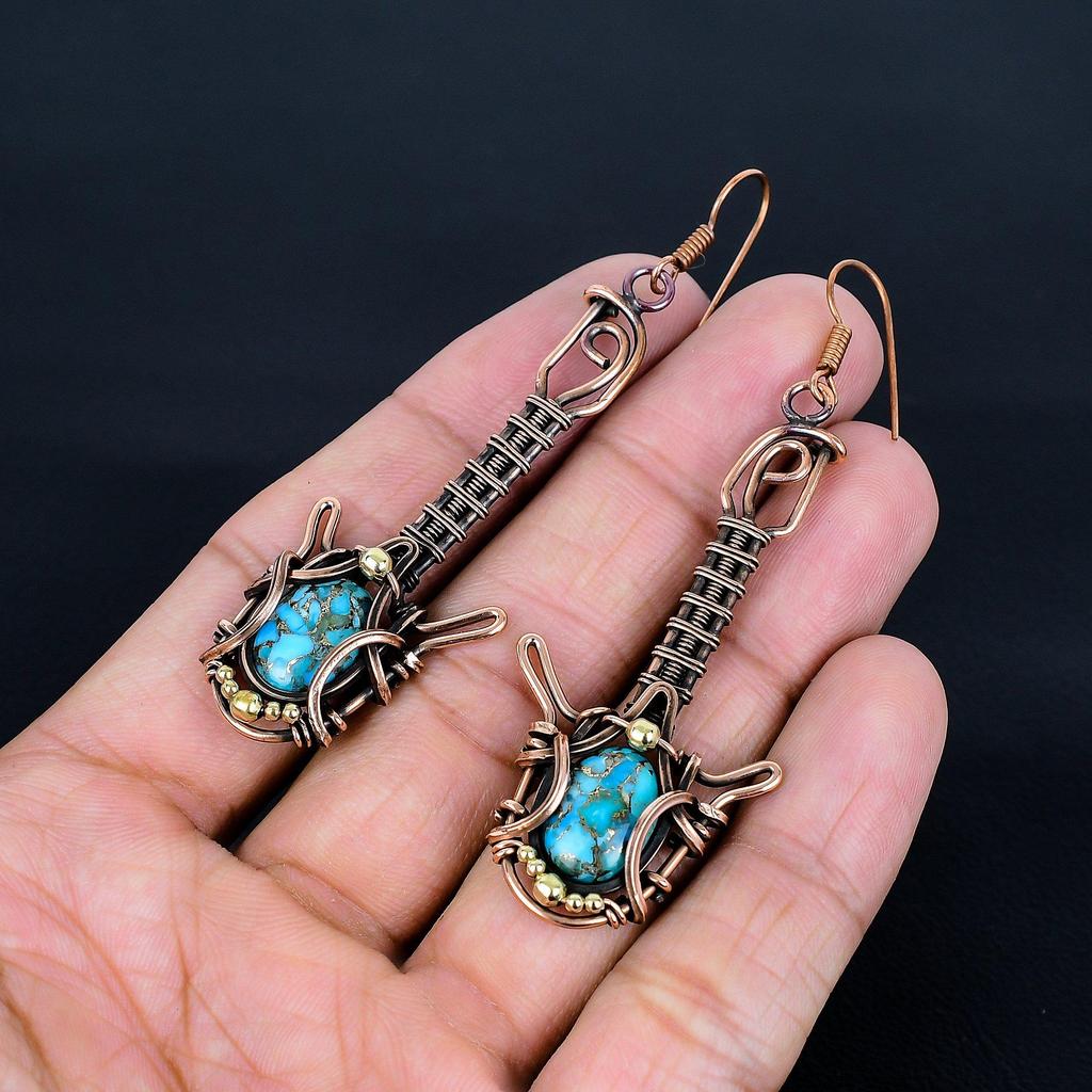 Blue Copper Turquoise Handmade Gemstone Earrings, 999 Copper Wire Wrapped Earrings Antique Jewelry, For Engagement Gift