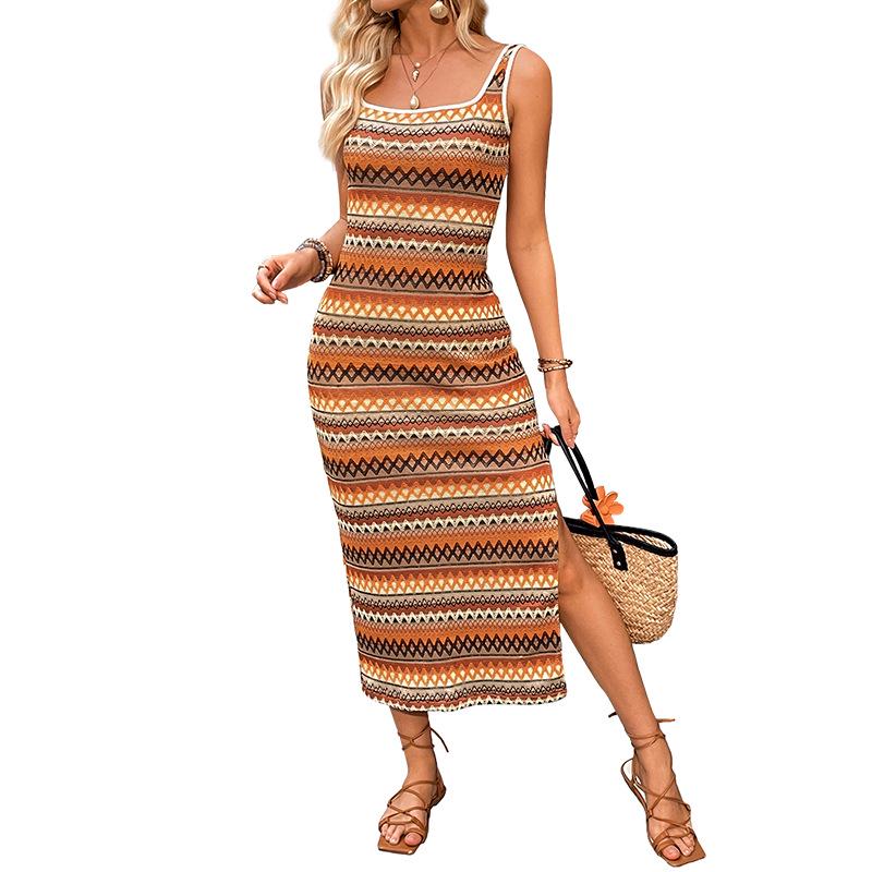 2025 Geometric Striped Jacquard Vacation Sling Dress with Slit