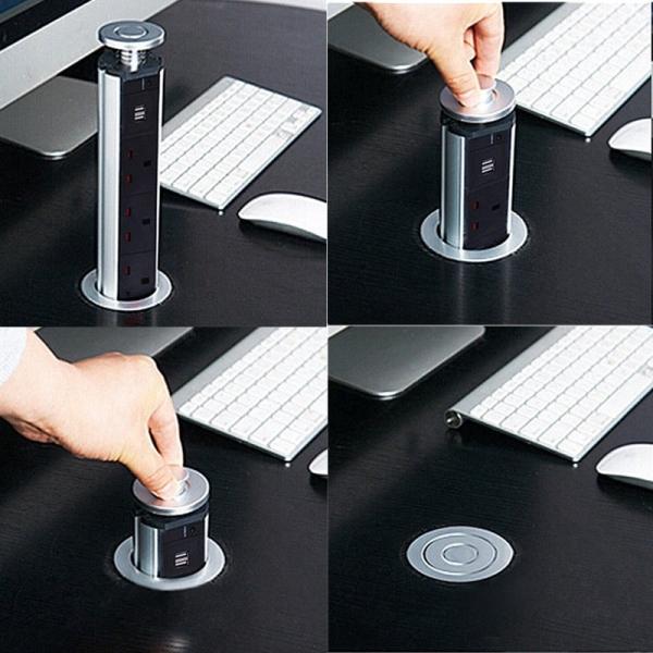 2500W US/UK/EU/AU Plug Pull Pop Up Electrical Socket 4 Power 2 Charge USB Aluminum Shelf LED Desk Worktop Extension Table Office