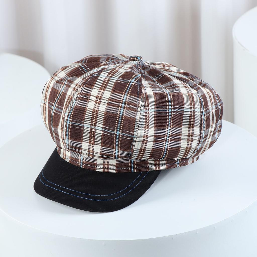 Female Checkered Beret Spring and Autumn Thin Japanese Retro Octagonal Hat Duck Tongue Hat