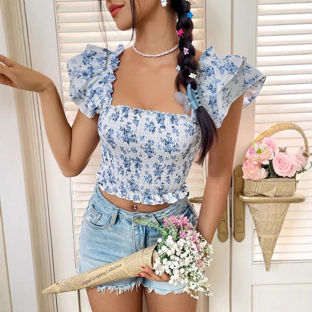 Women's European & American INS Summer Floral Square Neck Slim-Fit Top