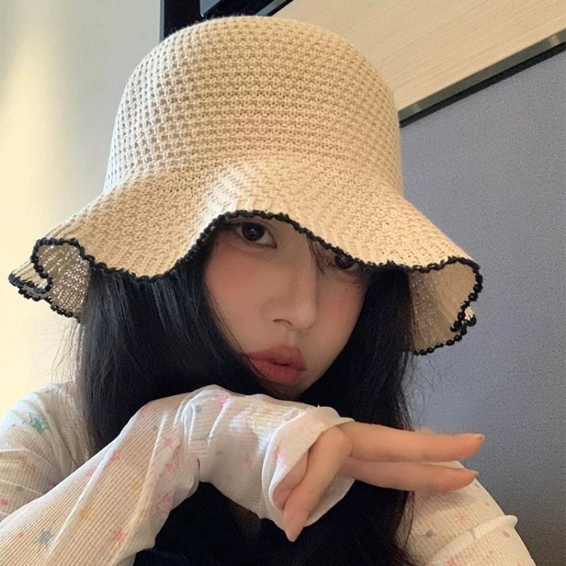 French Wavy Edge Knit Bucket Hat Summer Fashion Breathable Foldable Outdoor Sun Hat