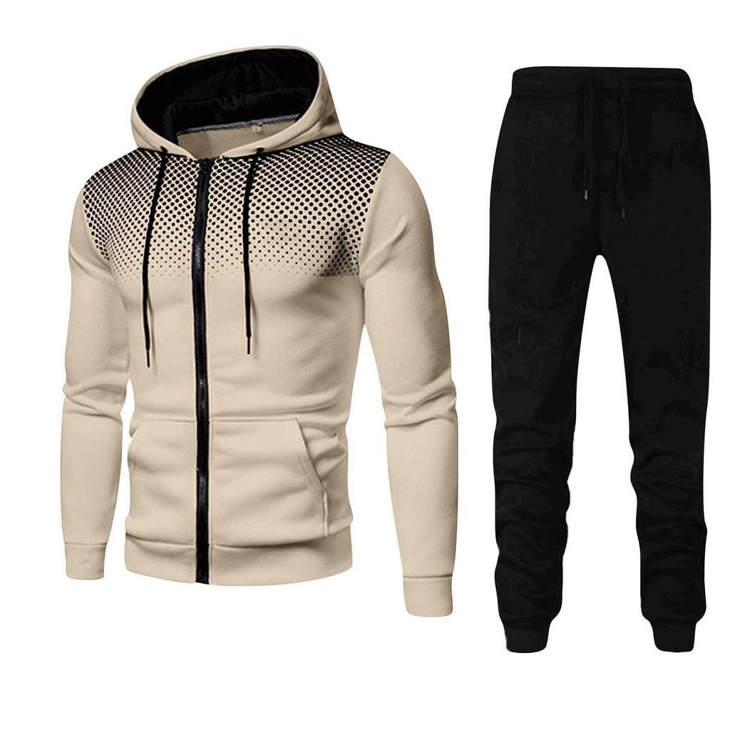 New European & American Polka Dot Print Zipper Hoodie & Sweatpants Set with Velvet for Men & Women.