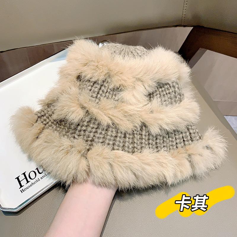 Hat Women's Autumn and Winter Versatile Cute Rabbit Fur Hat Big Head Circumference Shows Small Face 2025 Winter New Fluffy Lazy Hat