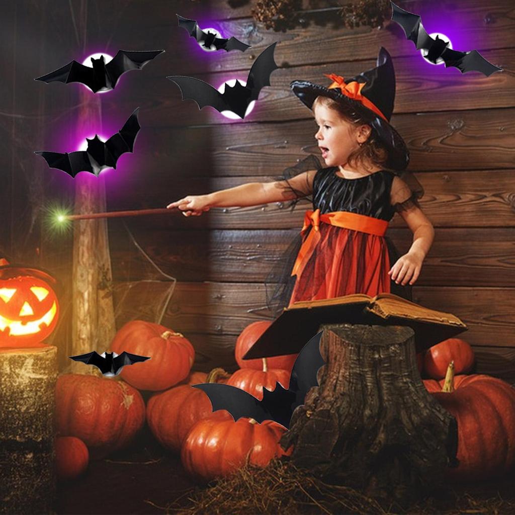 3D LED Bats Lighted 3D Bat Design LED Decoration 12 Pieces Wall Stickers Spooky Decals For Porch Window Living Room Bathroom