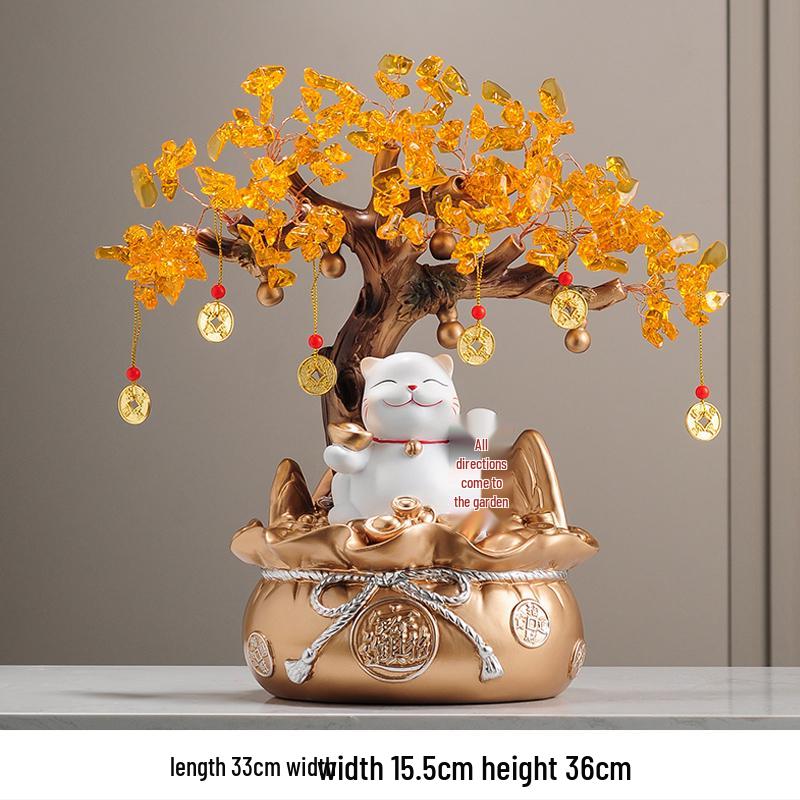 Fortune Cat Money Tree Figurine - Office, Shop, Reception & Housewarming Decoration