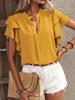Women's Shirt Blouse Summer V-neck Casual Double Layer Ruffle Sleeve Black Shirts Office Lady Top