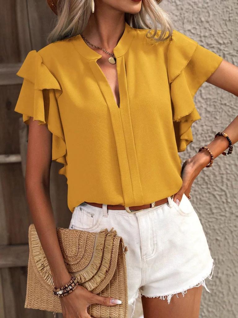 Women's Shirt Blouse Summer V-neck Casual Double Layer Ruffle Sleeve Black Shirts Office Lady Top