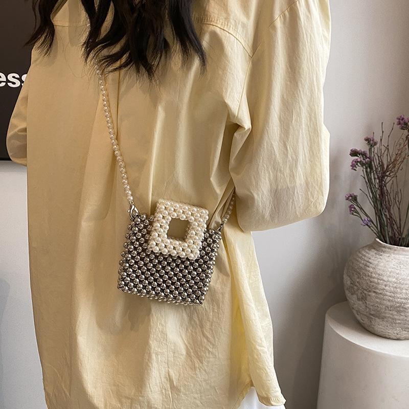 Fashion Original Style Pearl Weaving Contrasting Color Hollow Mini Women's Small Square Bag Spring New Shoulder Messenger Bag