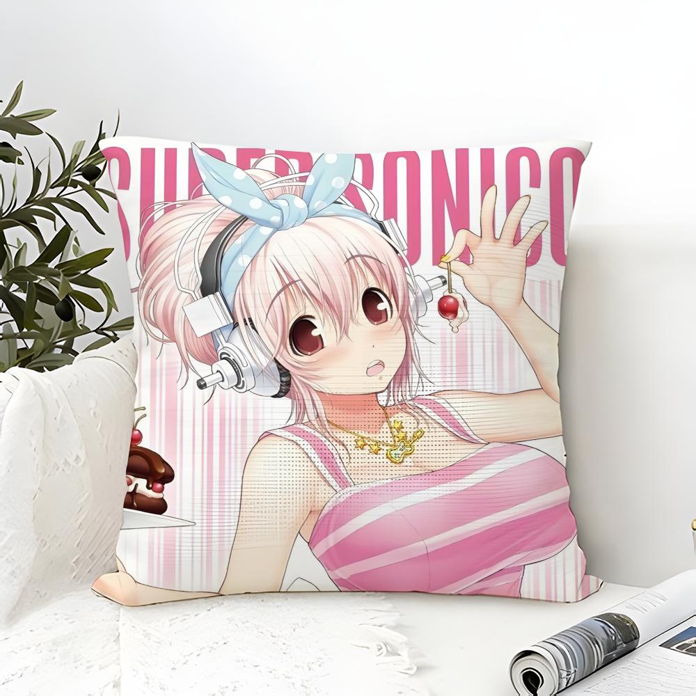 Süße sexy Anime-Charaktere SUPER SONICO Kissenbezug Baumwoll-Leinen-Stoff Quadratischer Reißverschluss Kissenbezug Heimdekoration Wohnzimmer