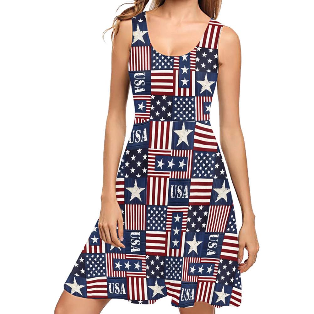 

2026 European Independence Day Sleeveless Flag Print Dress for Women Size L