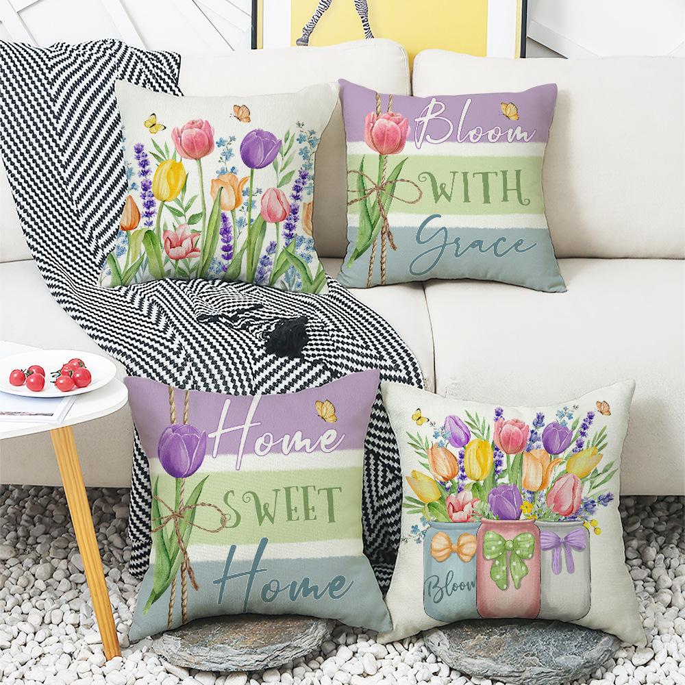 Spring New Pillow Printed Pillow Linen Sofa Letter Plant Flower Cushion Cover