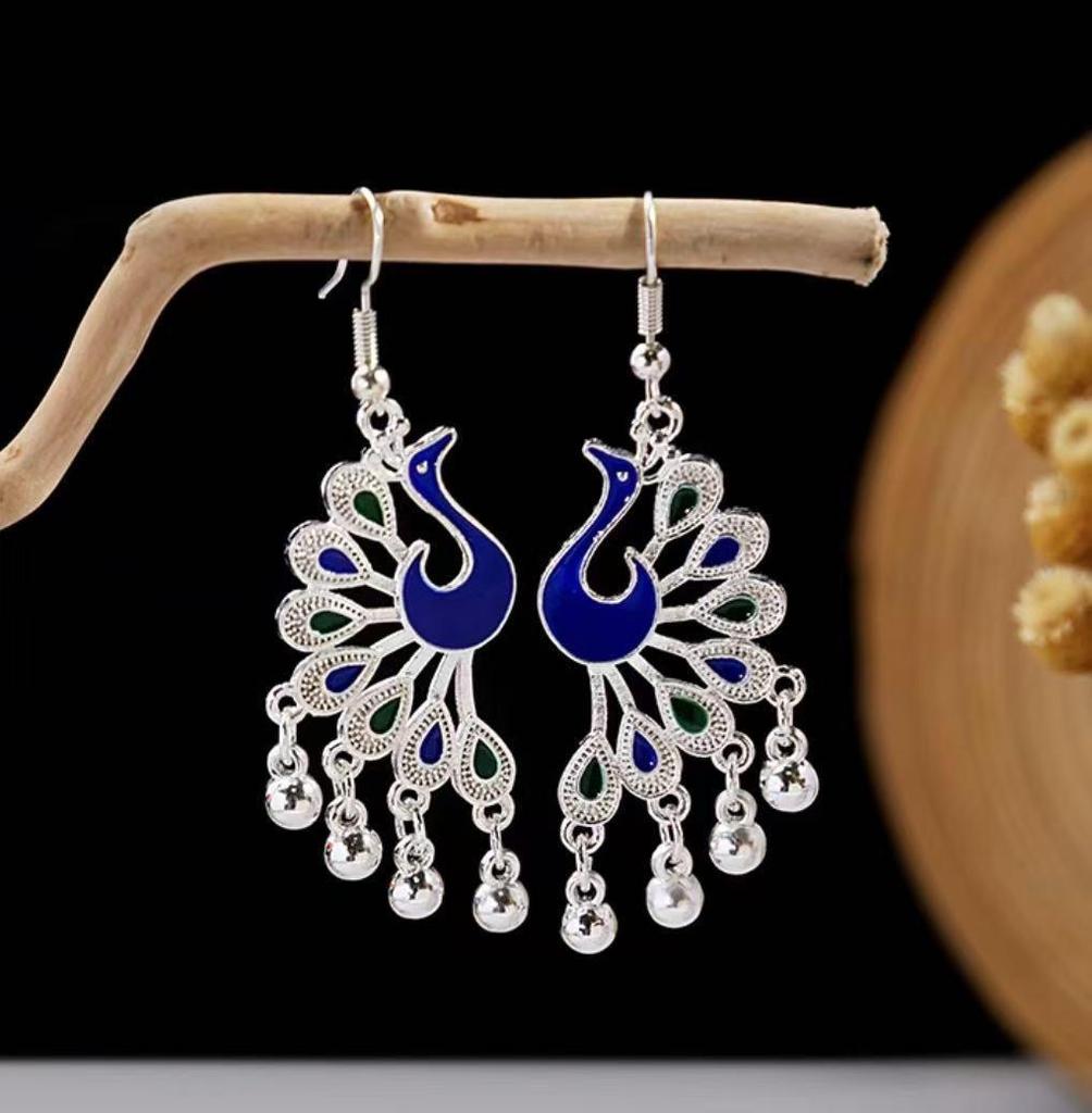Ethnic Style Peacock Bell Tassel Earrings - Four-Layer Phoenix Design in Imitation Miao Silver