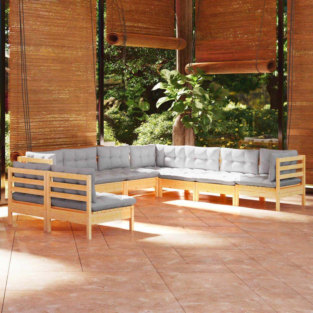 9 Piece Garden Lounge Set with Grey Cushions Solid Pine Wood