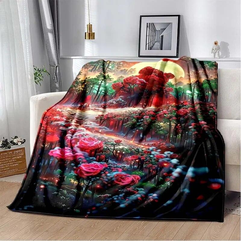 Patterned Red Rose Lightweight Flannel Blanket ,Warm Soft Cozy Blanket Home Decor Birthday Gift For All Season Blanket