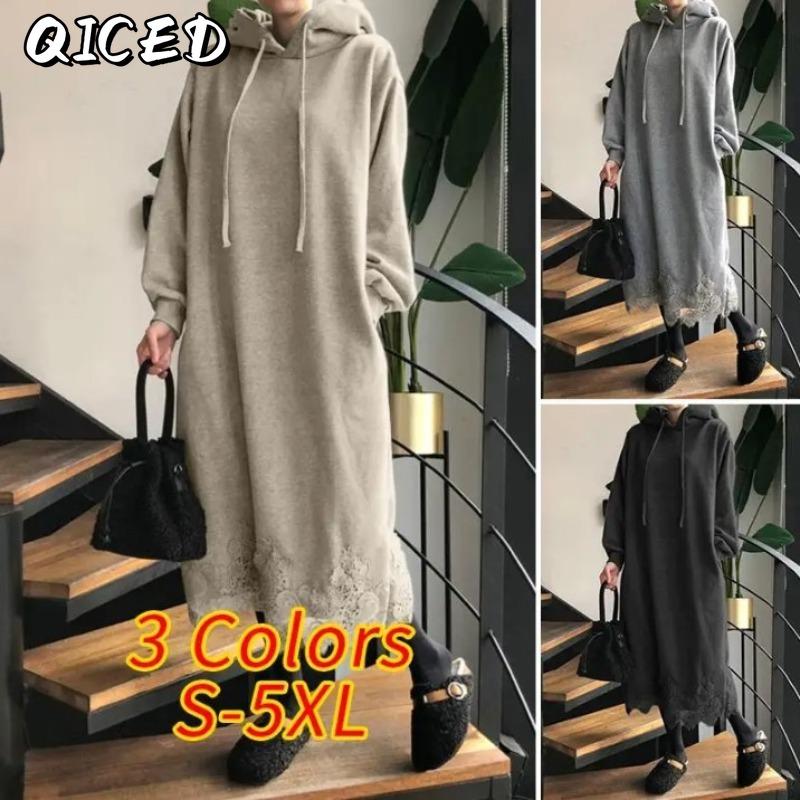 QICED Women's Fashion Casual Solid Color Print Autumn Winter Long Sleeve Hoodie Dress