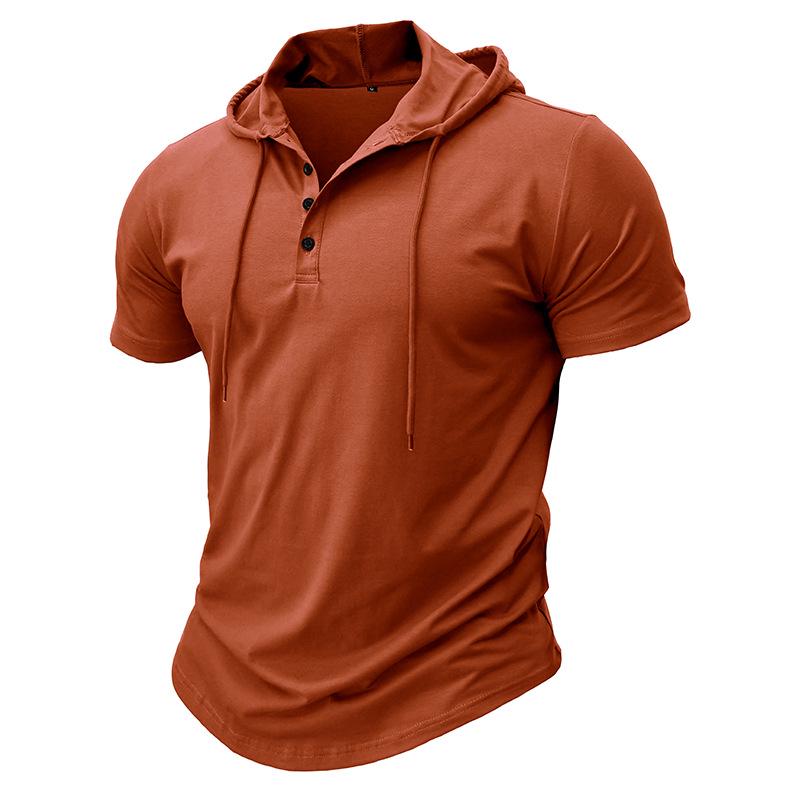 2024 Cross-Border Men's Short-Sleeve Henley Hoodie T-Shirt - European & American Style Fitness Top
