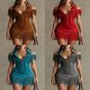 Abito Vintage in Pelle Scamosciata con Frange e Scollatura Bardot con Cintura in Vita per Uscite Casual in Spiaggia