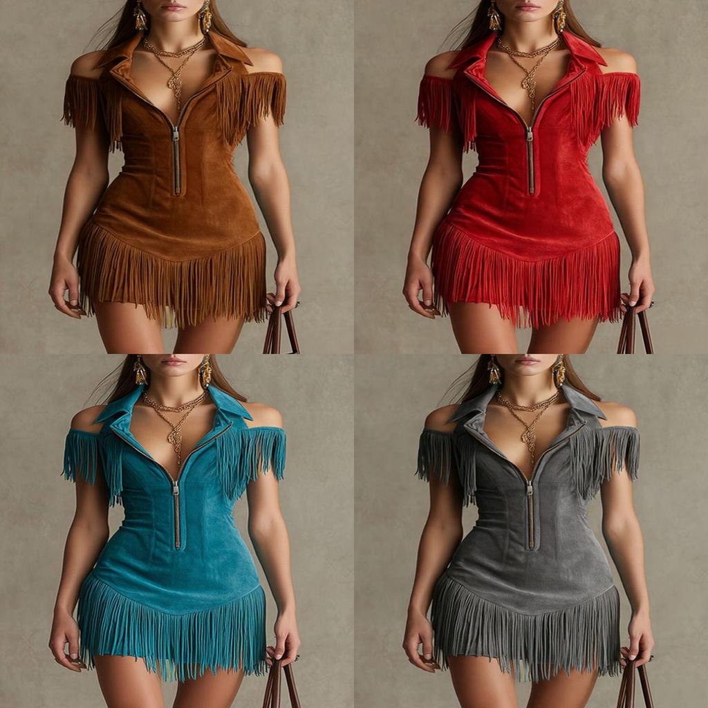 Abito Vintage in Pelle Scamosciata con Frange e Scollatura Bardot con Cintura in Vita per Uscite Casual in Spiaggia