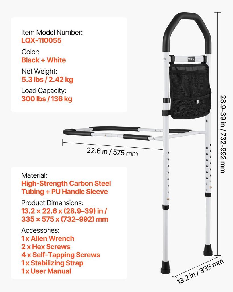 Bed Rail for Elderly, Bedside Assist Rails with Supporting Leg and PU Handrail, Adjustable Height Carbon Steel Pipe Bedside Cane, Bed Bars for Seniors