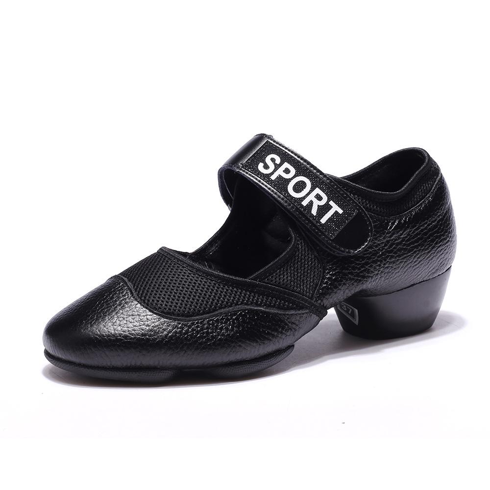 Wu Pa Women's Low Heel Leather Dance Shoes - Soft Sole, Breathable, Velcro Closure, Ideal for Ballroom, Middle-Aged & Elderly.