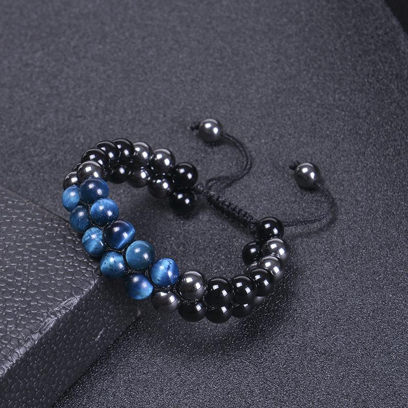 Handmade Double-Layer Blue Tiger Eye & Obsidian Bracelet for Men
