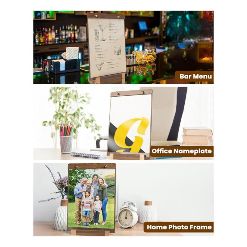 Pacote com 3 Suportes de Placa de Acrílico (8,5 x 11 polegadas) com base de nogueira, expositor de mesa transparente para menus e posters