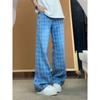 American High Street Vibe High Waist Pants Men's Summer Retro Blue Plaid Casual Pants Straight Micro-pull Pants