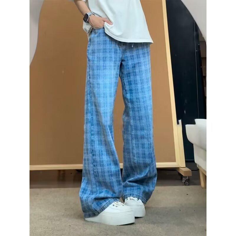 American High Street Vibe High Waist Pants Men's Summer Retro Blue Plaid Casual Pants Straight Micro-pull Pants