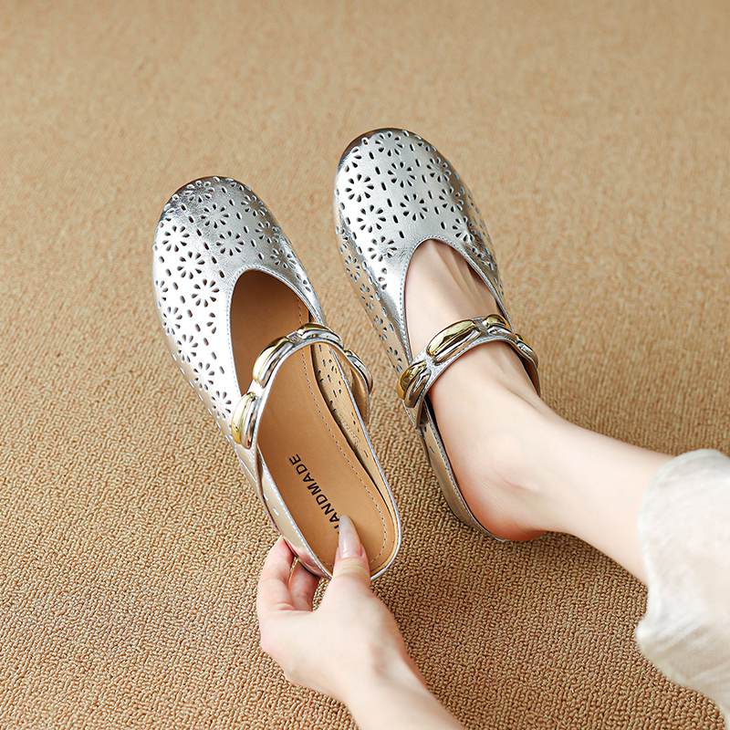 Krazing Pot Cow Skin Mules Round Toe Size 42 Low Heels Slip On Light Shoes Increased Hollow Style Autumn Pumps