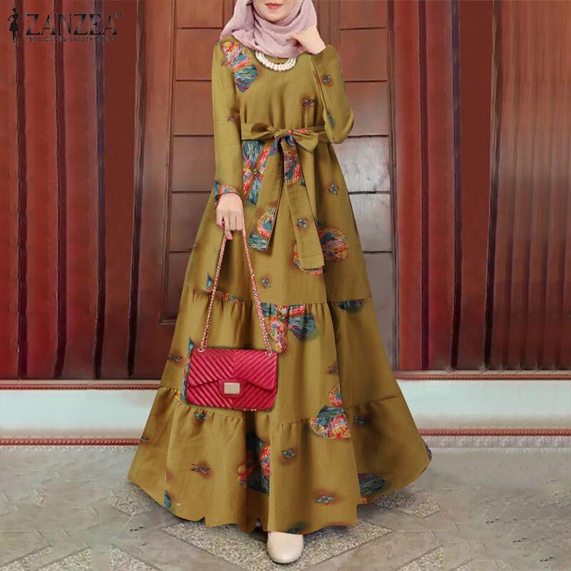 

ZANZEA Женщины Повседневный O-образный вырез с длинным рукавом Цветочный принт Длинное платье