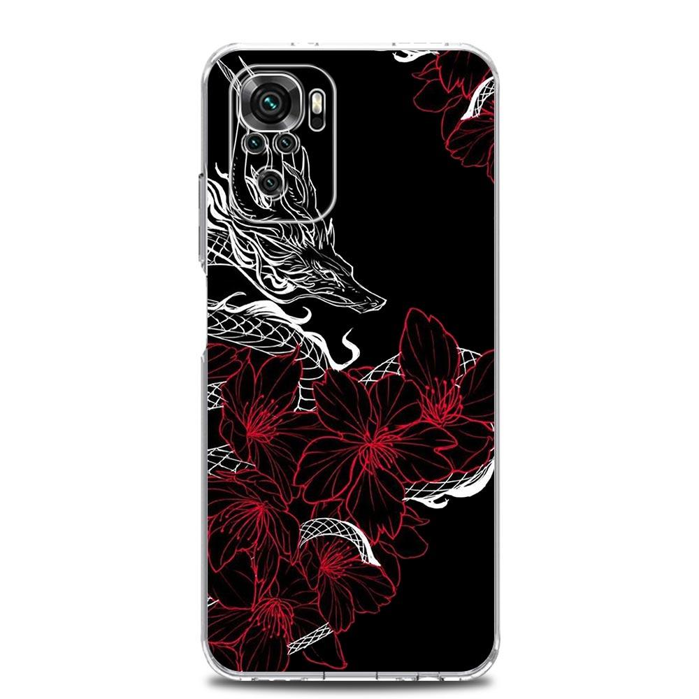 Clear Soft Phone Case For Xiaomi Redmi Note 12 11 9S 9 8 10 Pro+ 7 8T 9C 9A 8A K40 Gaming Cover Dragon Flower Grass Line Art